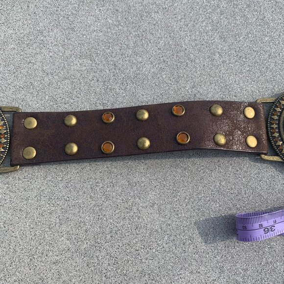 Vintage 90s Y2K Brown Leather Brass Rhinestone Stud Concho Boho Hip Belt - Picture 9 of 16